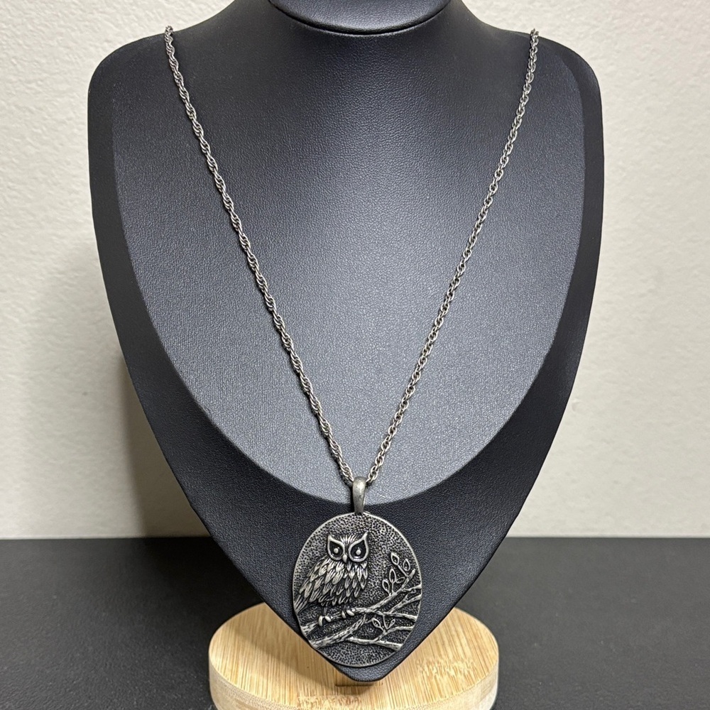 Pewter Owl On Branch Long Rope Chain Necklace